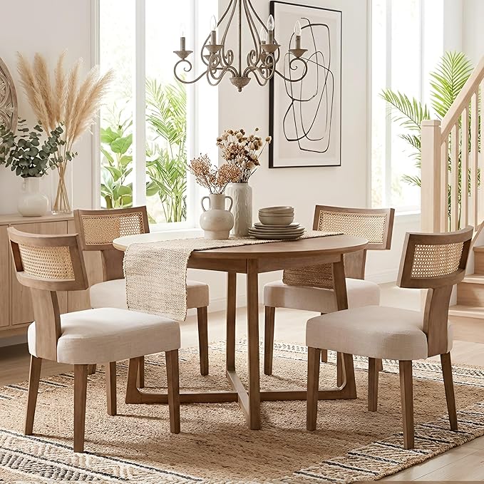 HNY Mid Century Modern Rattan Dining Chairs Set of 2, Farmhouse Linen - Image 8