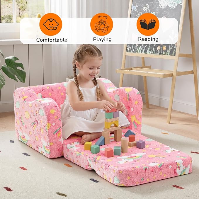 MeMoreCool Glowing Pink Rainbow Kids Chair, 2-in-1 Glow-in-the-Dark Kids Couch - Image 3