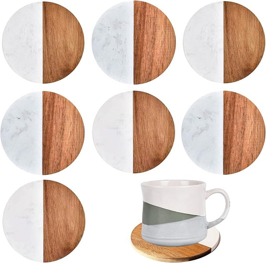 I-LAN 8-Pack Marble and Acacia Wood Coasters, 4-Inch Round Modern Drink Coaster by ilan