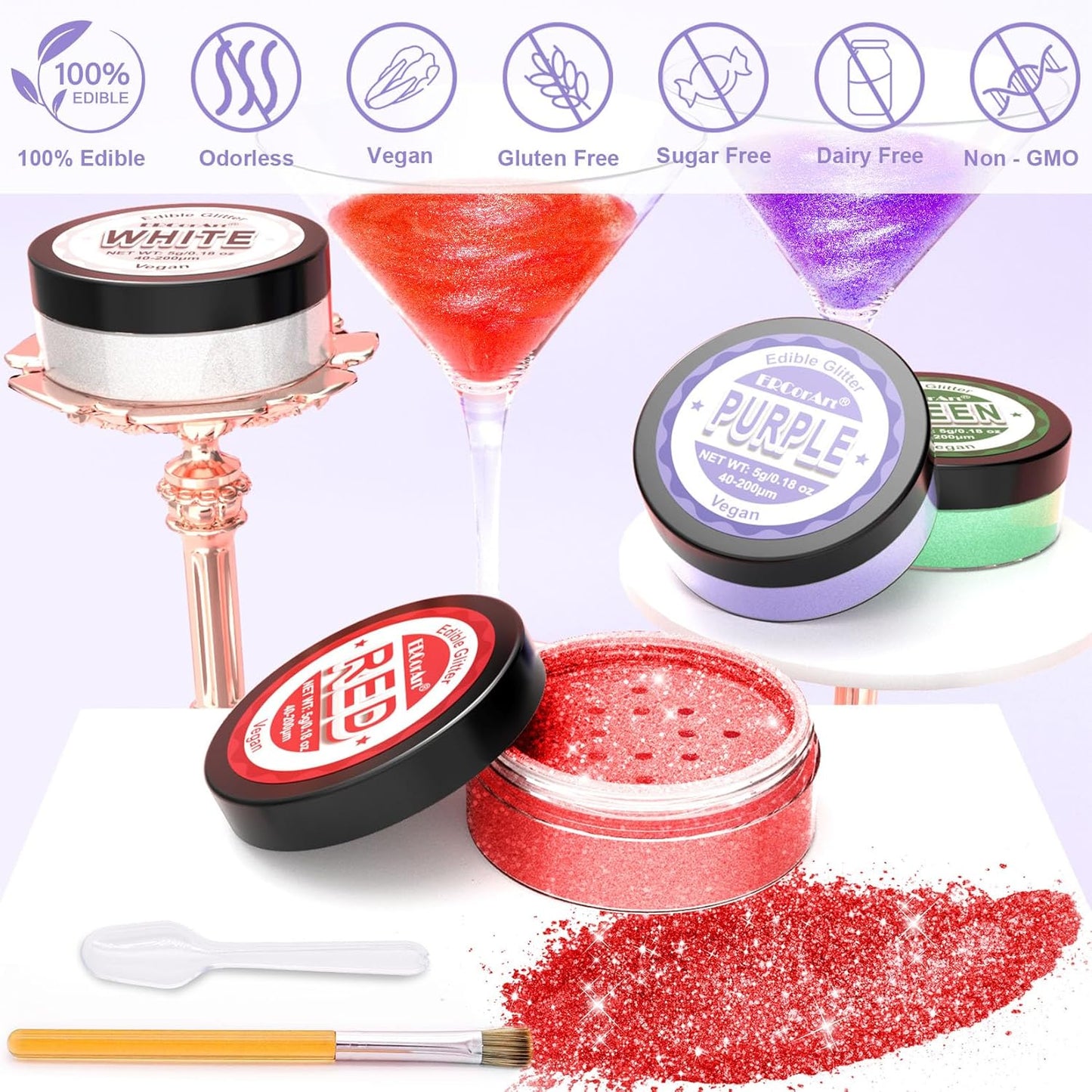 Edible Glitter - 4 Colors Luster Dust Edible Glitter for Cocktails, Food Grade Cake Decorating Shimmering Glitter for Drinks, Powder Glitter for Chocolate, Fondant, Drinks, Painting - 5g