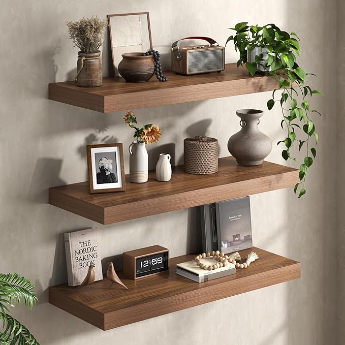 Fun Memories 12 Inch Deep Walnut Floating Shelf, 24 x 12 Rustic Wood Wall Shelf - Image 2