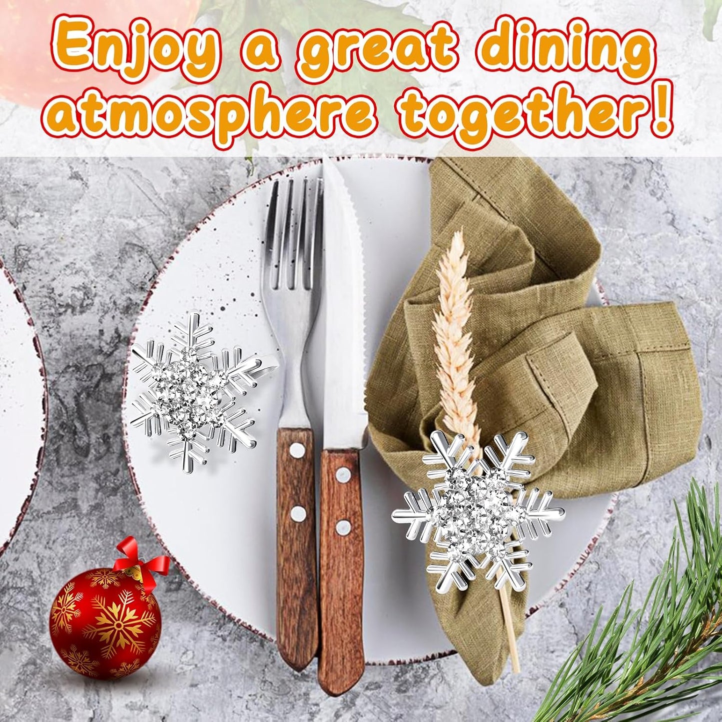 Halatool Christmas Napkin Rings Set of 8, Silver Snowflake with White Rhinestone Napkin Holder for Christmas Thanksgiving Winter Holiday Place Setting, Weddings, Party Table Decoration