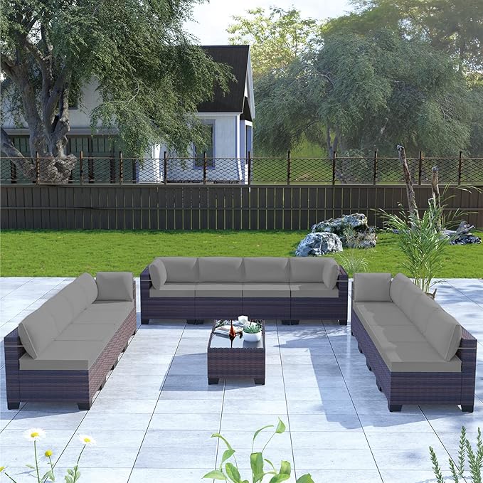 Kullavik 14 Pieces Outdoor Patio Furniture Set, Sectional Rattan Sofa Set Brown - Image 6