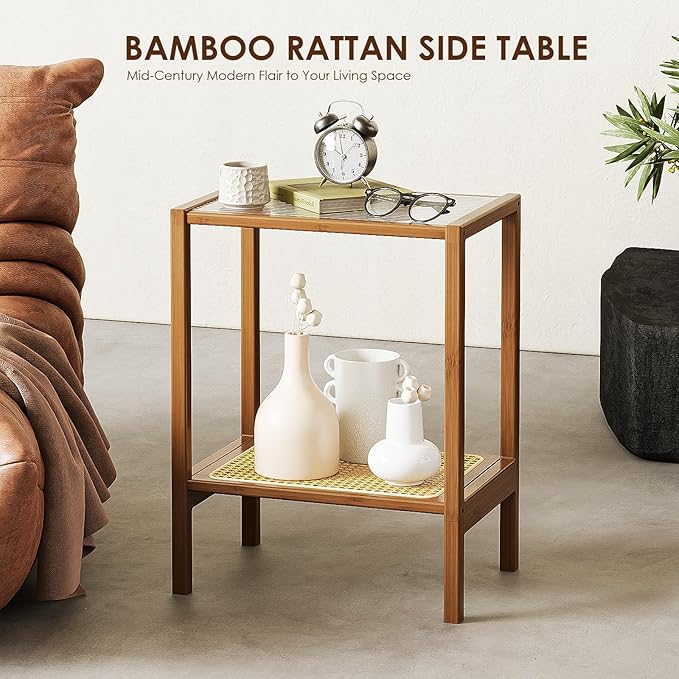 Bamworld Rattan Side Table Living Room Glasstop Night Stand Boho End Table - Image 7