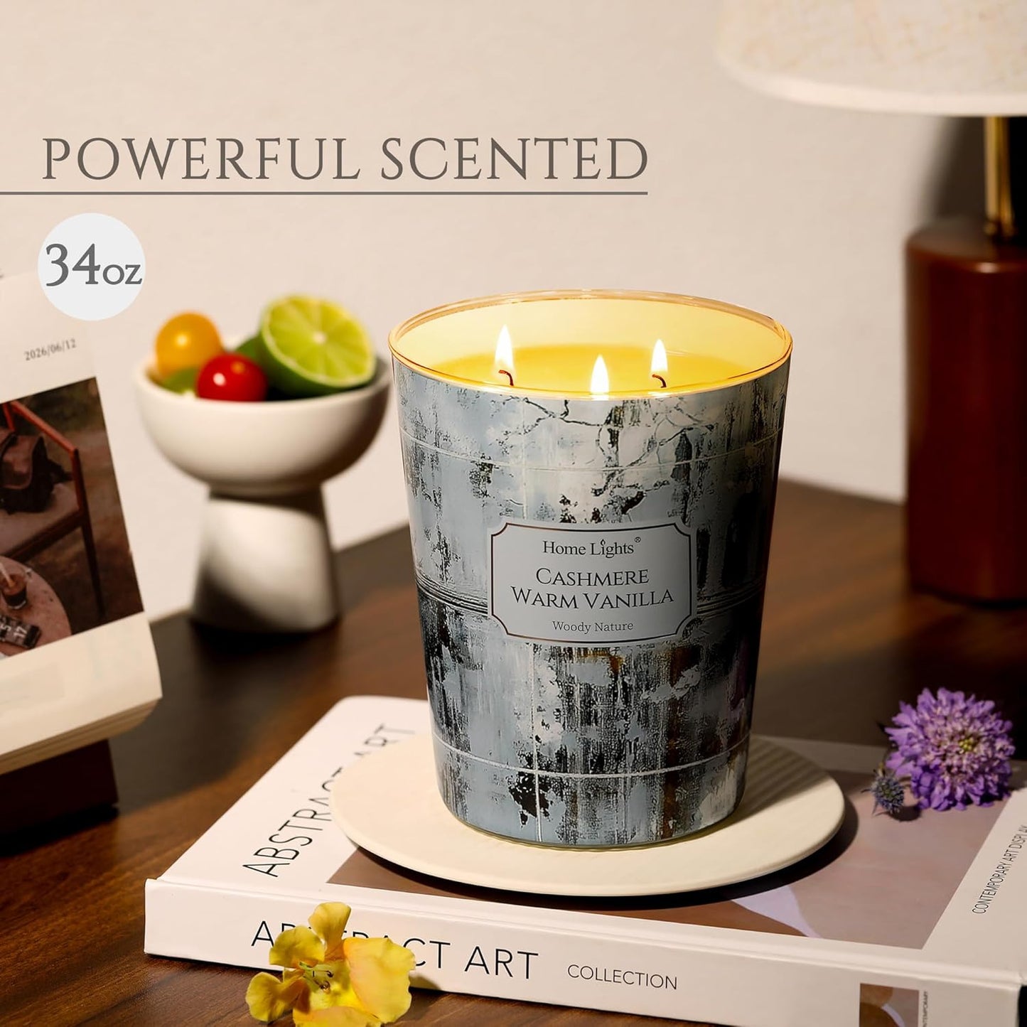 HomeLights Scented Candles for Women & Men, 34oz Candle Jars Aromatherapy 3-Wick Candle, Ideal for Industrial Chic Home Decor and Gifts, Cashmere Warm Vanilla