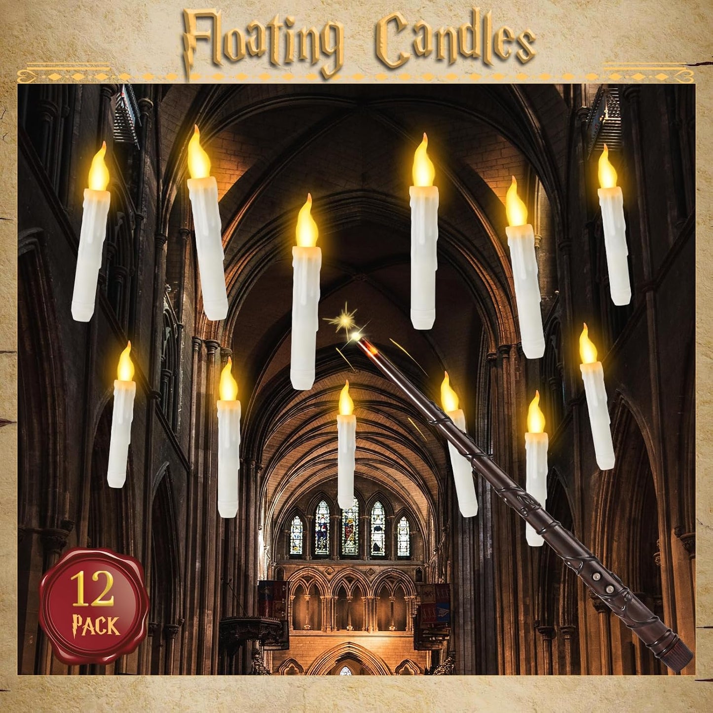 Halloween Decorations, Floating Candles with Wand, 12 PCS Magic Hanging Candles, Flickering Flameless Floating LED Candle, Witch Wizard Christmas Decor for Home Classroom Bedroom Church Birthday Party