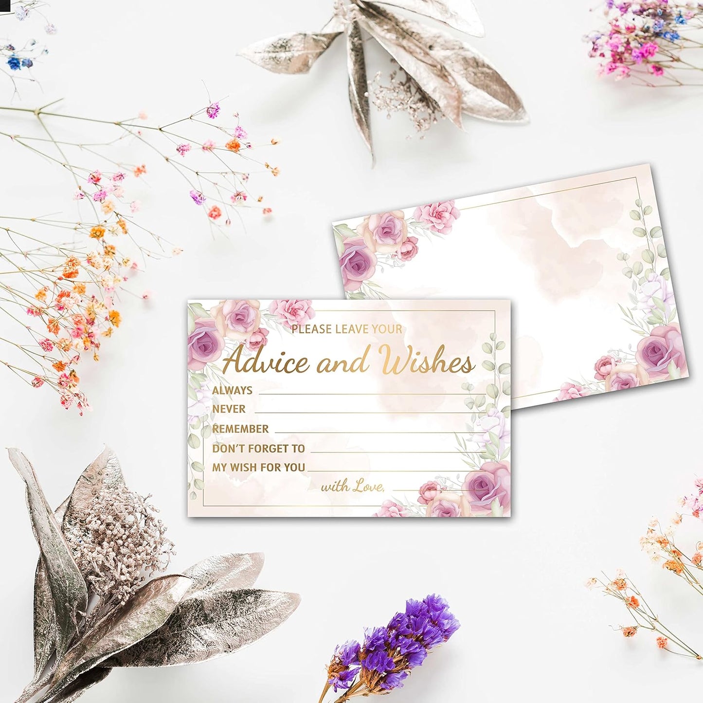 Purple Floral Advice and Wishes Cards, 25 Pcs Blush Pink Double Sided Advice Cards for The Bride and Groom, Mr and Mrs, Bride Shower, Wedding Reception, Engagement Party(09)