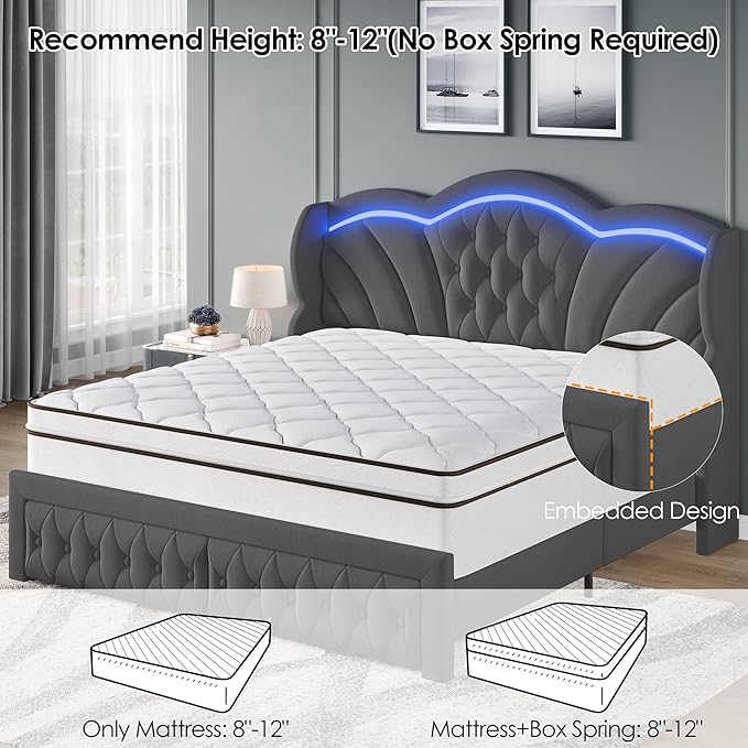 Keyluv Queen Bed Frame with LED Lights and 2 Storage Drawers, Velvet - Image 7
