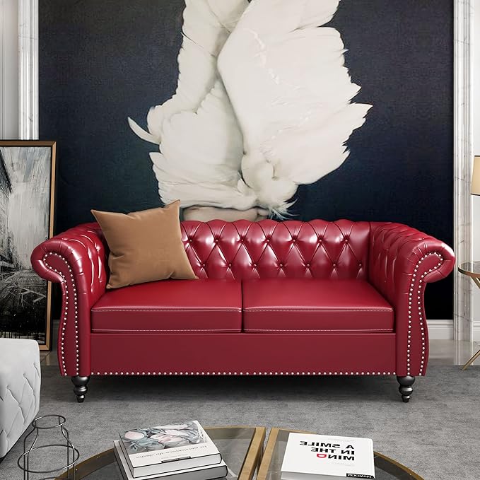 ORRD 3 Pieces Living Room Set, Chesterfield Sofa Faux Leather Loveseat Couch - Image 5