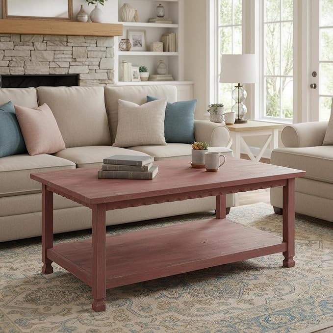 Rustic Rectangluar Coffee Table w/ 1 Shelf, Distressed Finish, Farmhouse Style - Image 2