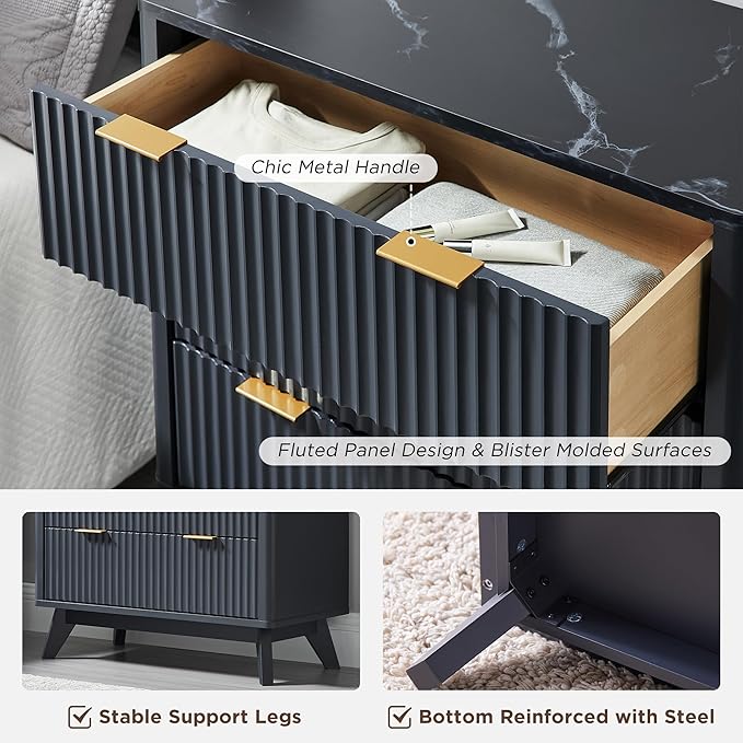 T4TREAM Fluted 3 Drawers Nightstand, Oversized Extra Large Modern Side Table - Image 6