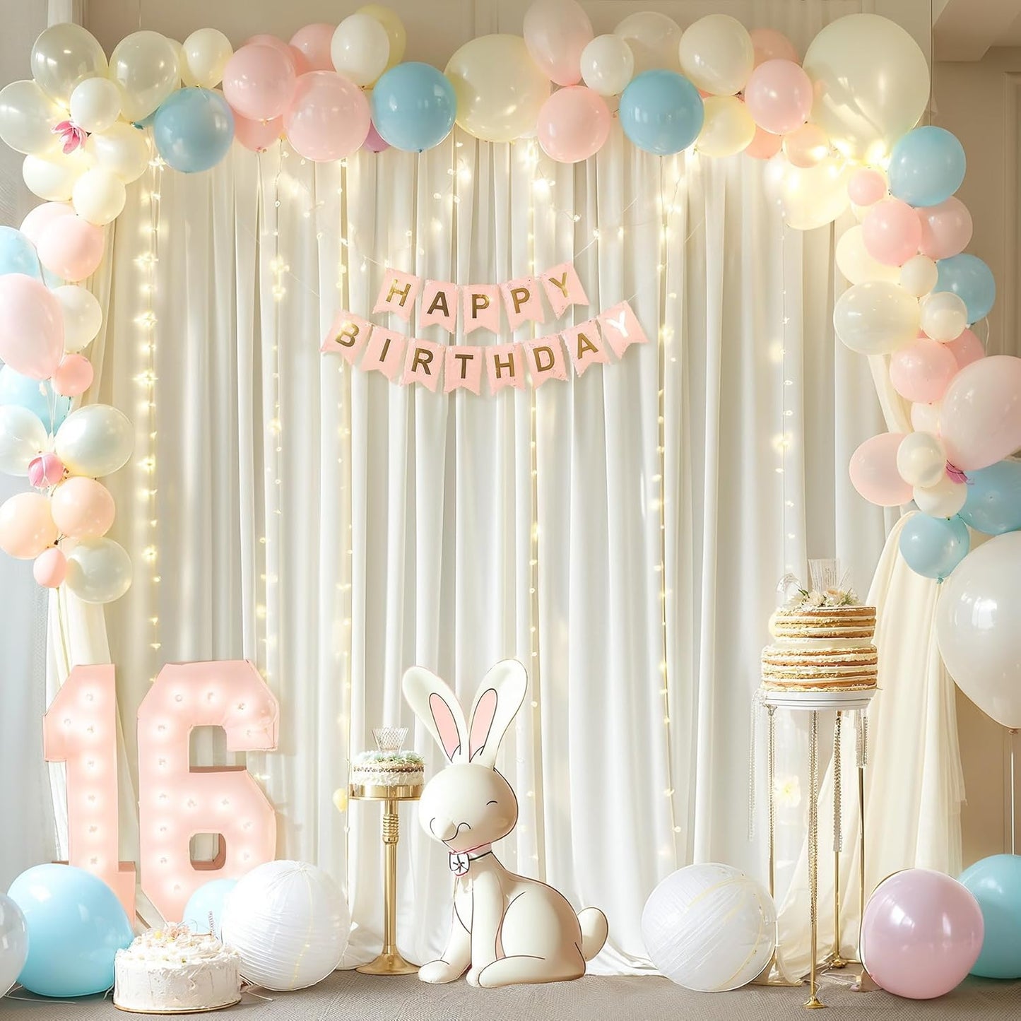 Ivory Backdrop Curtains with Lights for Baby Shower,10x10FT Wrinkle Free Ivory Drapes Photo Backdrop Curtains for Wedding Birthday Party Ceremony Photography Photoshoot Decorations-5ft x 10ft