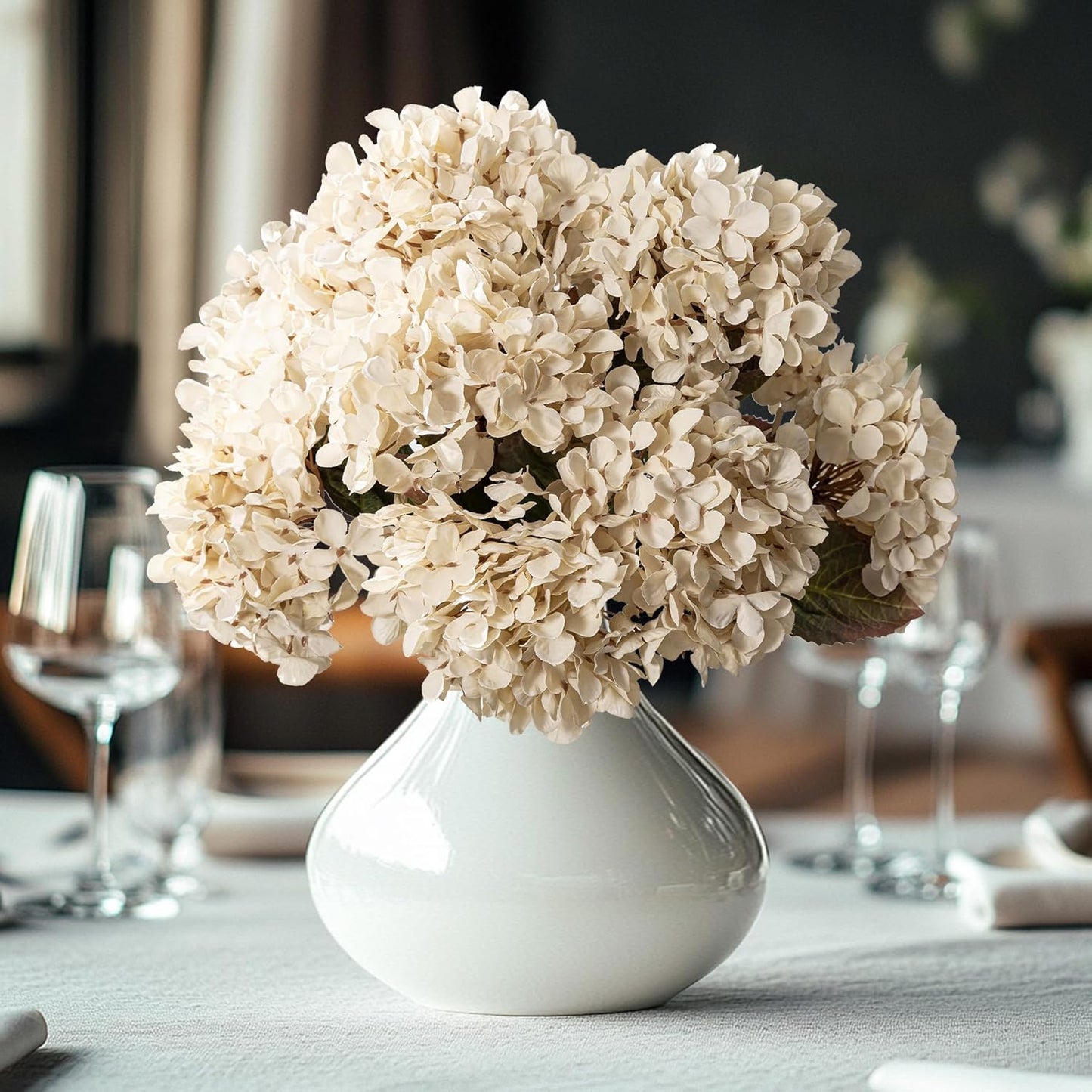 Artificial Flower Fake Silk Hydrangea Heads Bouquet with Stems Bulk for Fall Decoration Table Center Christmas Indoor Outdoor Faux Floral Realistic with Leaves Plants Crafts 8PCS(White)