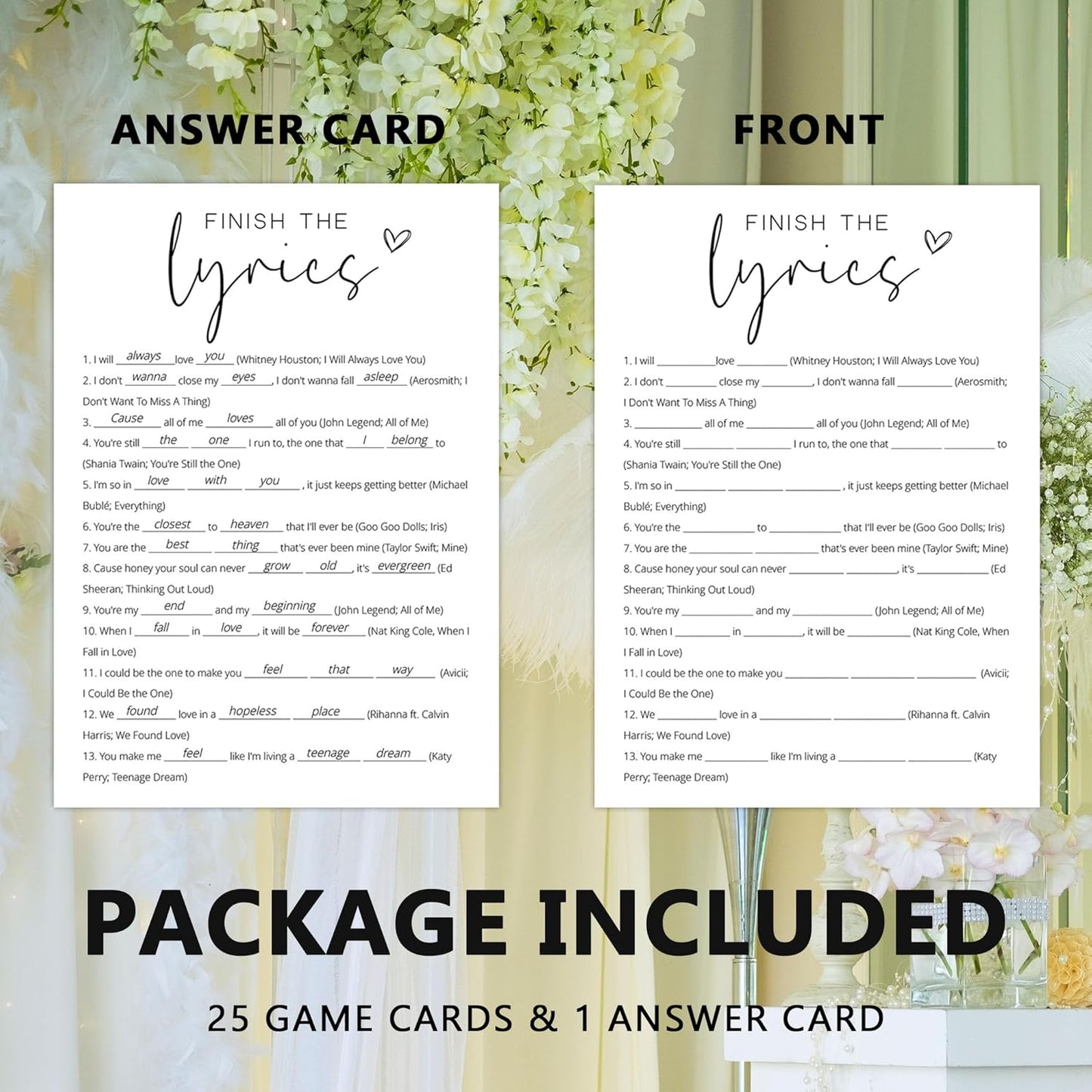Bridal Shower Games, Finish the Lyrics, 25Pcs Minimalist White Double-Sided Bridal Game Cards with 1 Answer Key, Wedding Shower Games for Guests, Engagement Bachelorette Party Supplies - A09