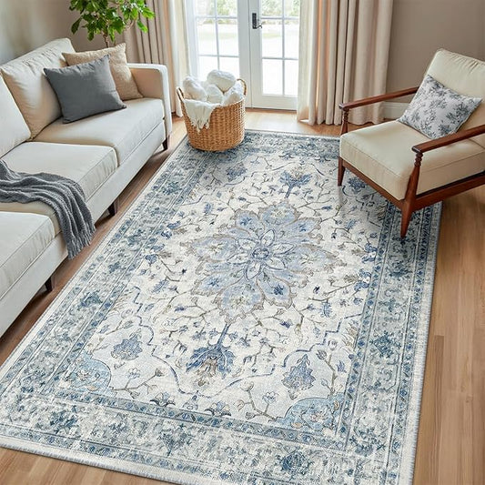 RELEANY Area Rugs 6'x8' Washable Non-Slip, Floral Vintage Distress Print by RELEANY