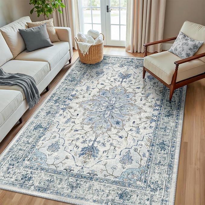 RELEANY Area Rugs 5'x8' Washable Non-Slip, Floral Vintage Distress Print by RELEANY