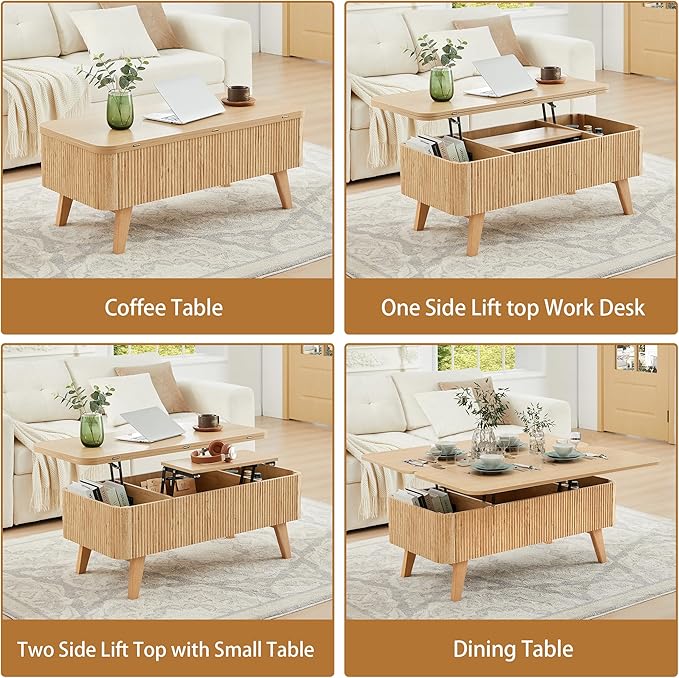 3 in 1 Lift Top Coffee Table, Fluted Convertible Coffee Tables Converts to - Image 4