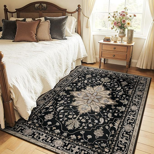 RELEANY Area Rugs 4'x5' Washable Non-Slip, Floral Vintage Distress Print by RELEANY