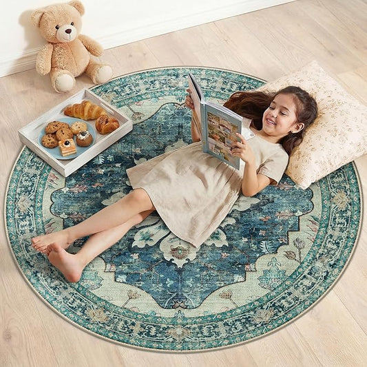 RELEANY Area Rugs Round 4ft Washable Non-Slip, Floral Vintage Distress Print by RELEANY