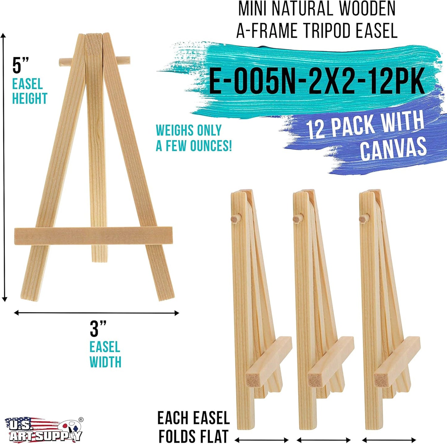 U.S. Art Supply 2" x 2" Stretched Canvas with 5" Mini Easel Kit (12 Pack) - Natural Wooden A-Frame Tabletop Display Stand, Mini Easel Stand - Small Easels for Display, Small Canvases, Crafts, Photos