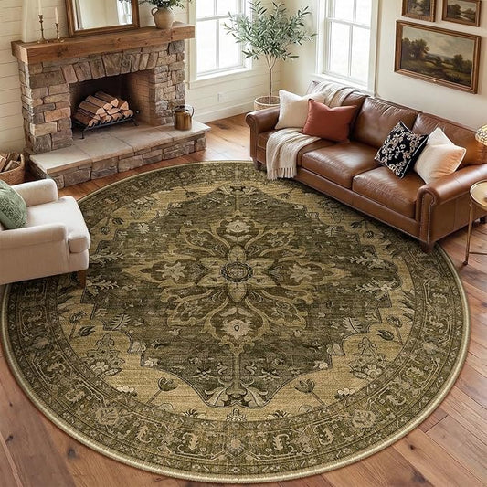 RELEANY Area Rugs Round 8ft Washable Non-Slip, Floral Vintage Distress Print by RELEANY