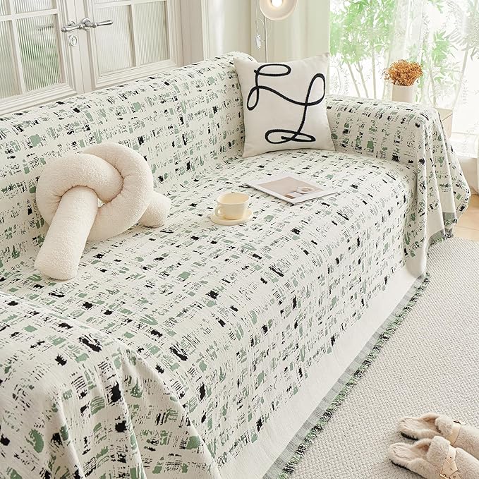 DREAMINGO Abstract Chenille Couch Cover Blanket Beige Green Black Boho Sofa - Image 7
