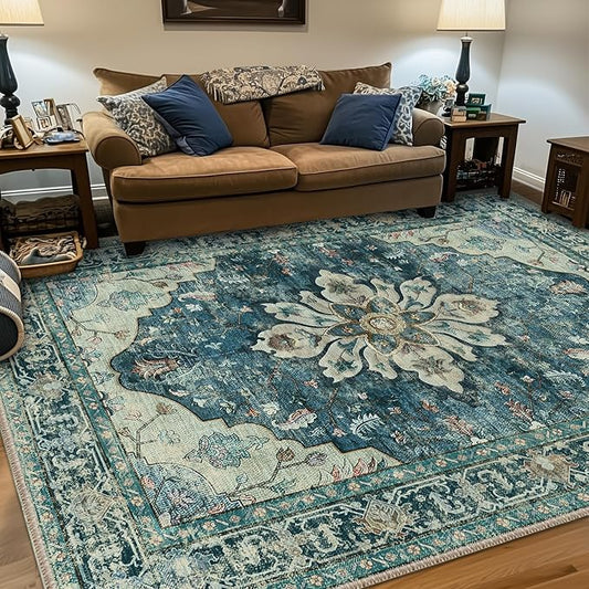 RELEANY Area Rugs 5'x7' Washable Non-Slip, Floral Vintage Distress Print by RELEANY