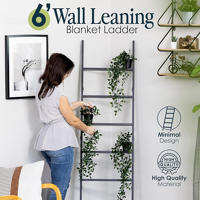 Blanket Ladder for The Living Room and Bedroom, 5ft 8 inch, 6-Tier Wall Leaning - Image 5