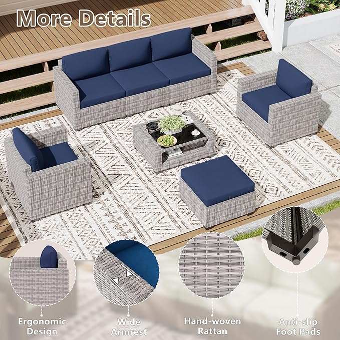 LOUVIXA 7 Piece Outdoor Patio Furniture Set, Rattan Chairs Glass Table Wicker - Image 5