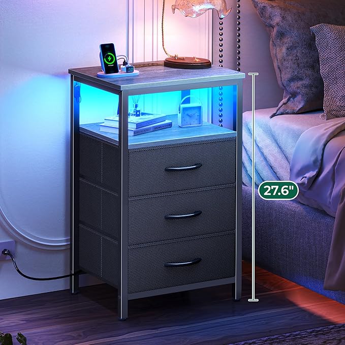 Huuger Night Stand with Charger Station and LED Lights, 3 Drawer Nightstand - Image 4