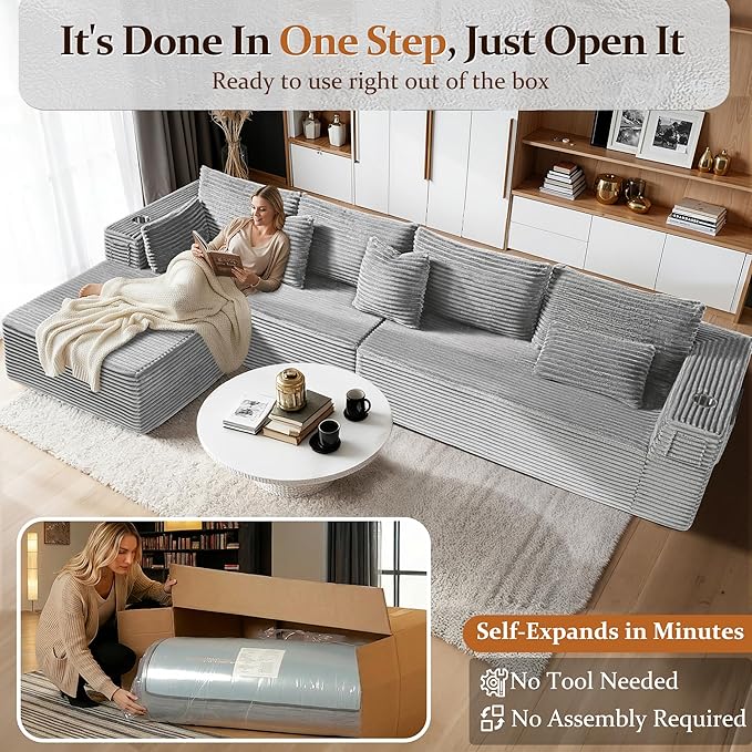 138" Oversized Cloud Sectional Couch, Comfort L Shaped Boneless Couch - Image 3