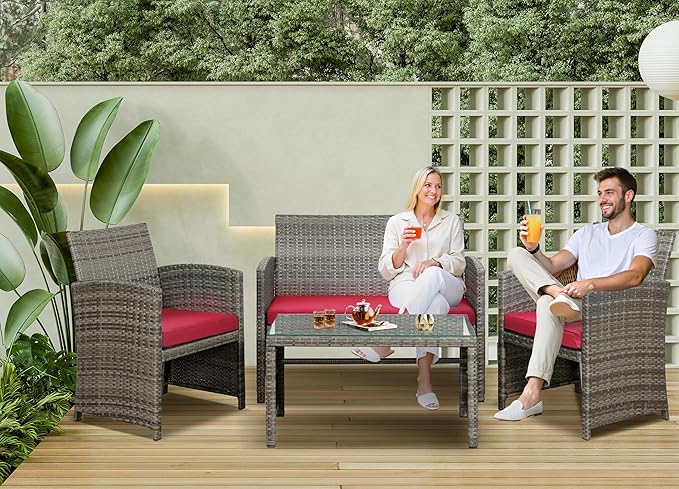 SUNLEI 4 Pcs Outdoor Patio Furniture Sets, Rattan Chair Wicker Conversation Set - Image 6
