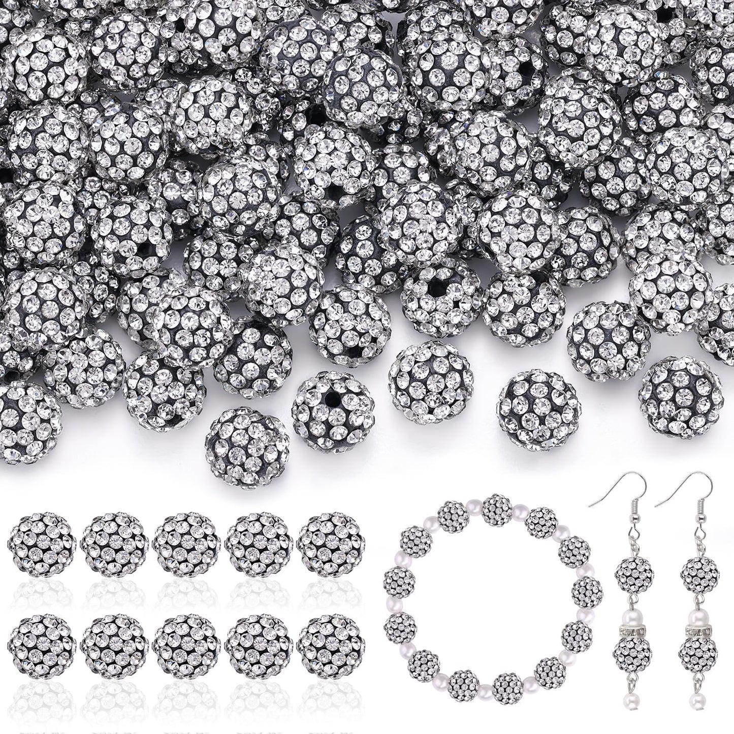 105pcs 10mm Rhinestone Beads for Jewelry Making, Black White Shiny Round Disco Ball Beads Bulk, Sparkle Crystal Clay Christmas for Bracelet Baseball Necklace Earring Crafting and DIY