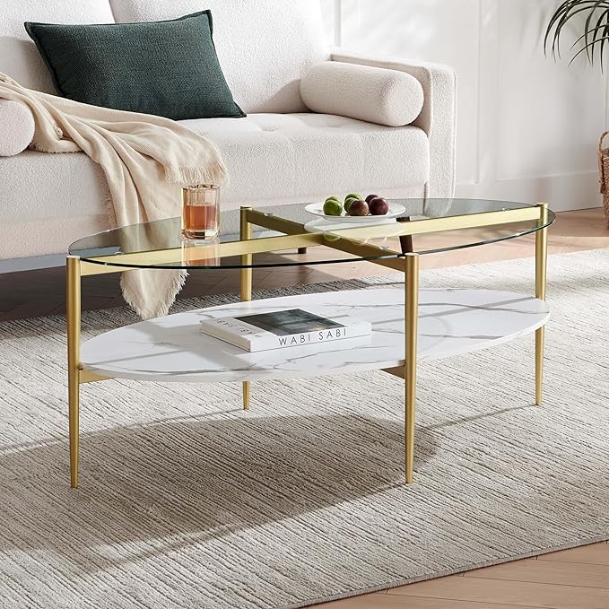 LumFurn Oval Glass Coffee Table, Mid-Century Modern Design, L43 x W22 x H17 inch - Image 3