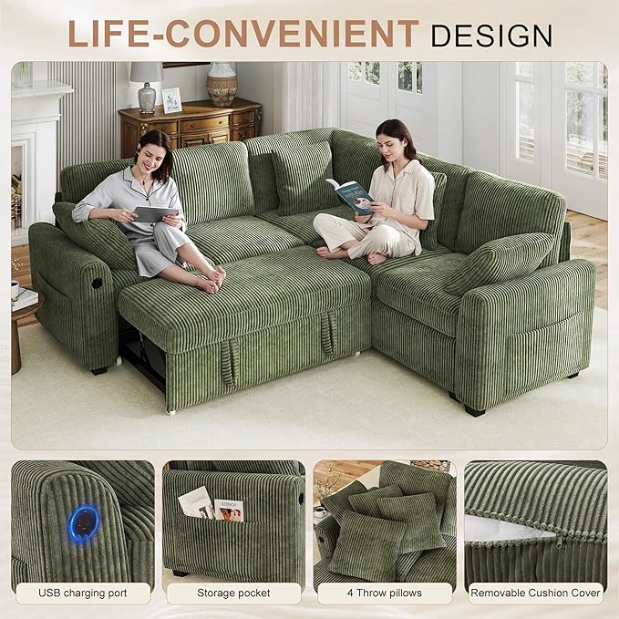 Hanherry Sectional Couch with Pull Out Sofa Bed, Corduroy Sleeper Sofa with 2 - Image 4