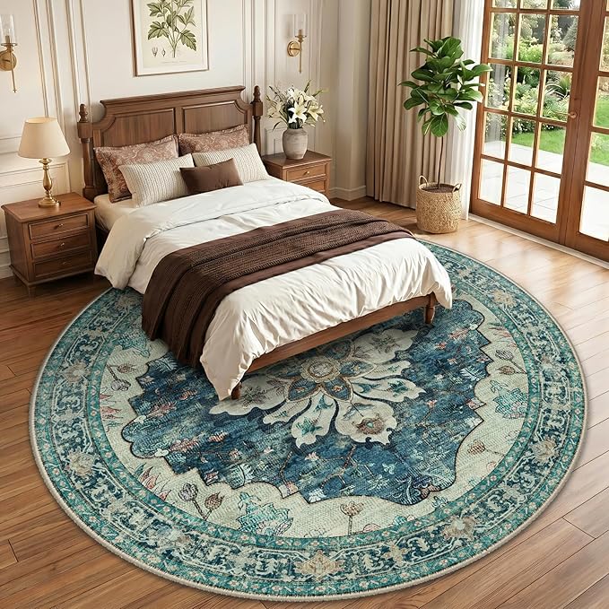 RELEANY Area Rugs Round 10ft Washable Non-Slip, Floral Vintage Distress Print - Image 2
