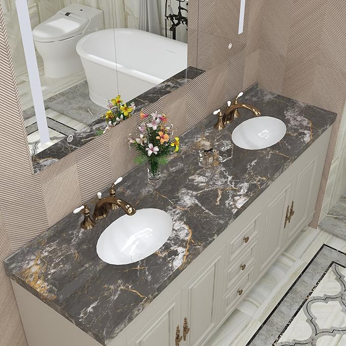 BAYYA 48"x80" Extra Wide Marble Contact Paper Grey/Gold Glossy Marble Wallpaper - Image 7