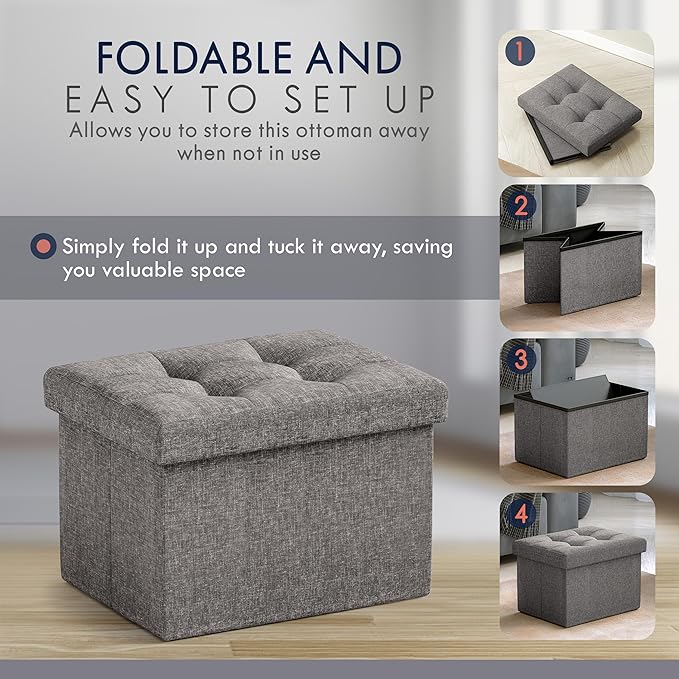 Ornavo Home Small Storage Ottoman Foldable Collapsible Rectangle Linen Ottoman - Image 5