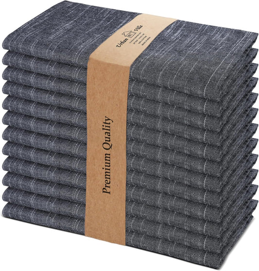 Urban Villa Dinner Napkins Black White Chambray Cloth Napkins (Set of 12) Oversized 20x20 Inches100% Cotton Slub Premium Quality Soft Durable Mitered Corners Reusable Washable Everyday Use Napkins