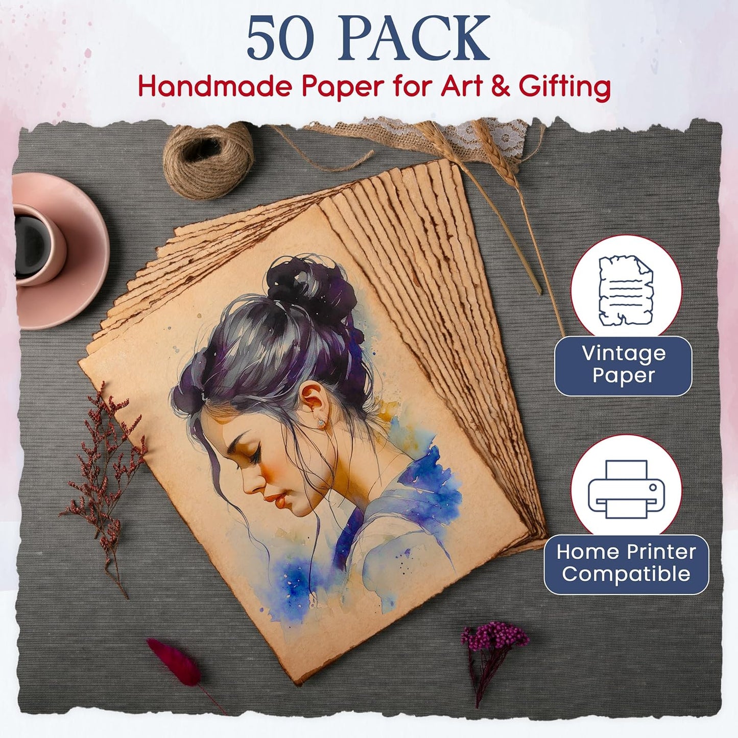 Wanderings Handmade Deckled Edge Vintage Paper - 10"x12" - Thick 300 GSM - Pack of 25 - Watercolor, Mixed Media for Artists, Writers, Bookmaking, Arts & Crafts - 100% Recycled Cotton