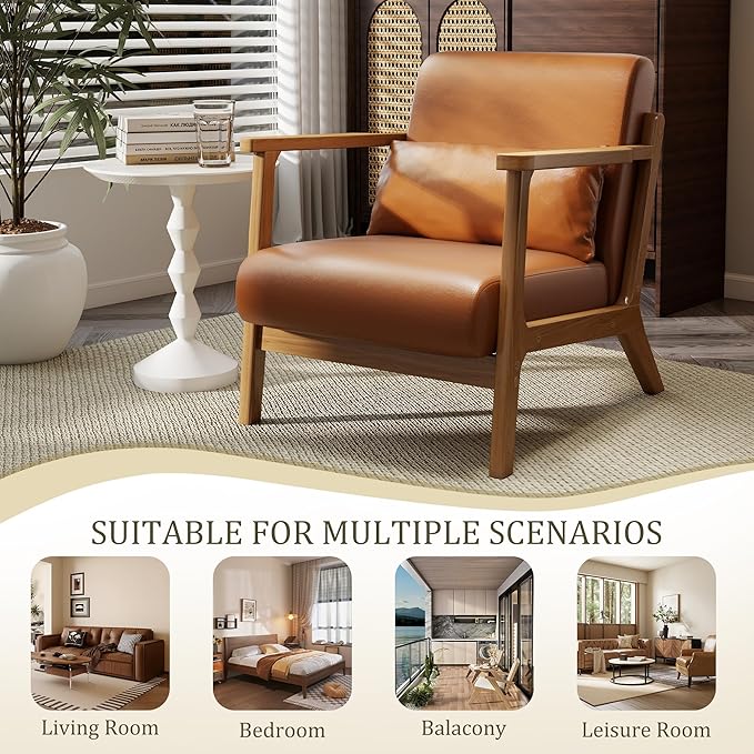 Accent Chair and Ottoman Set, Mid-Century Modern Faux Leather Armchair - Image 8
