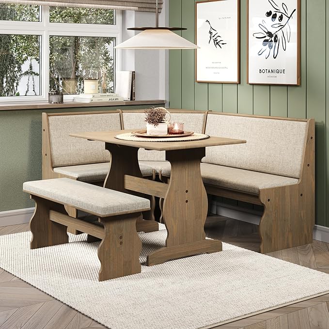 Linon Lucy Natural Wood and Linen Upholstered Corner Nook Kitchen Dining Set - Image 17
