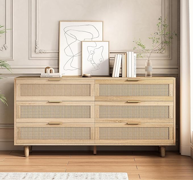 6 Drawer Double Dresser for Bedroom, Natural Rattan Modern Drawer Chest by Fsbecl