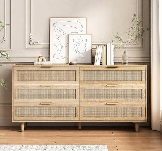 6 Drawer Double Dresser for Bedroom, Natural Rattan Modern Drawer Chest by Fsbecl