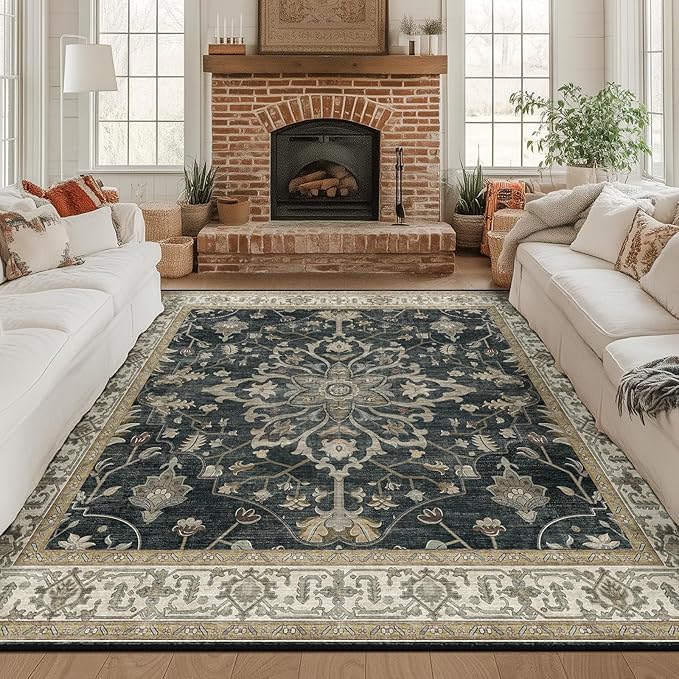 RELEANY Area Rugs Square 8ft Washable Non-Slip, Floral Vintage Distress Print by RELEANY