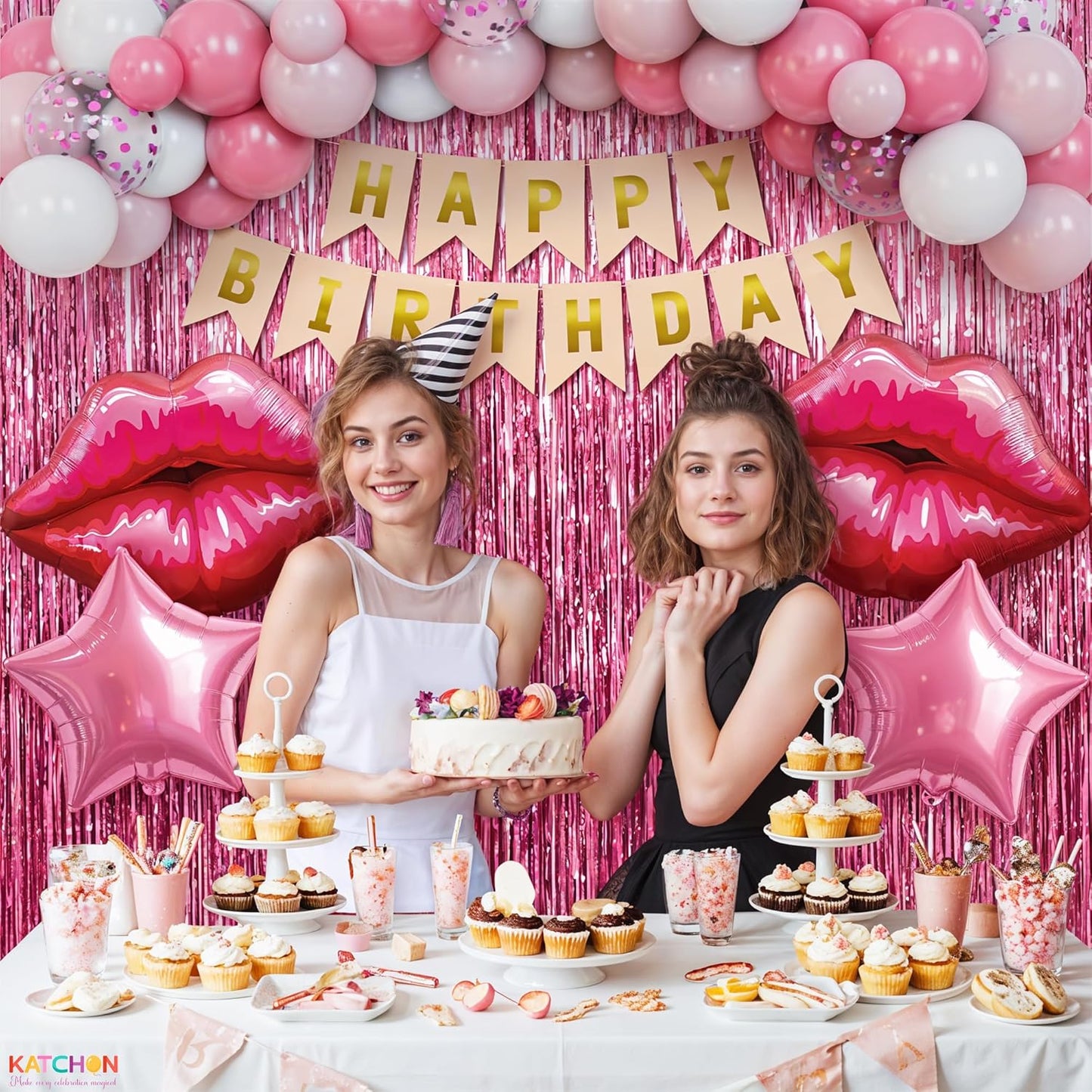 KatchOn, Pink Birthday Decorations Set – Pack of 42 | Happy Birthday Banner & Lip Decor | Happy Birthday Decorations for Women, Girls & Her | Pink Party Decorations