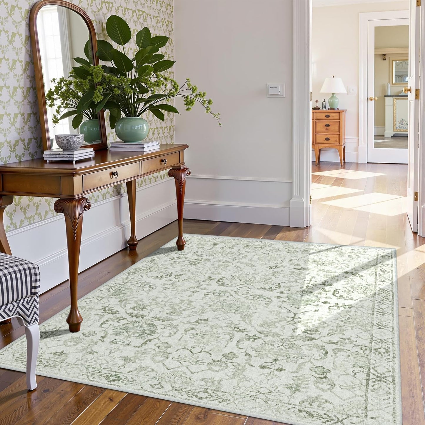 Sage Vintage Area Rug 4x6 for Living Room Bedroom, Washable Distressed Farmhouse Soft Thin Non-Shedding Indoor Throw Rug, Traditional Accent Carpet for Bedroom Office