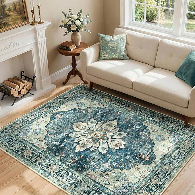 RELEANY Area Rugs 4'x6' Washable Non-Slip, Floral Vintage Distress Print by RELEANY