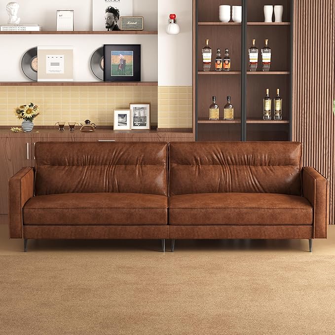 86.61" Mid-Century 3-Seater Brown Leather Sofa, Vintage Modern Couch - Image 3