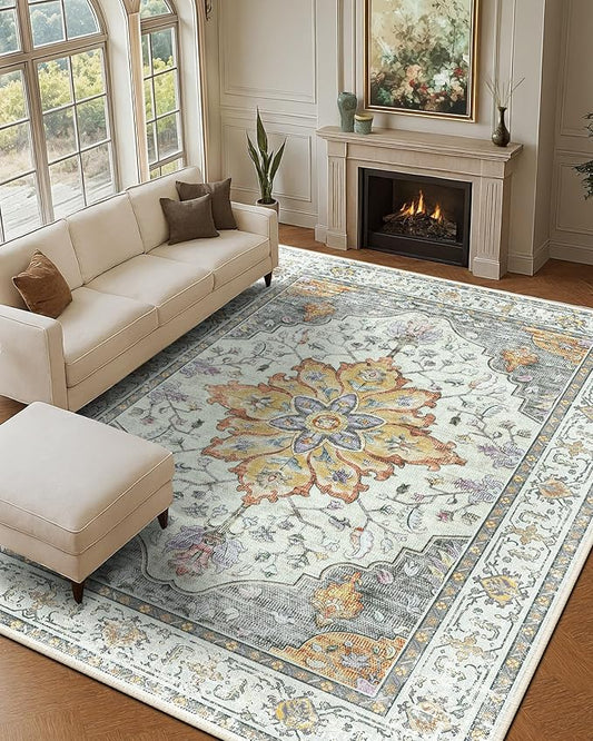 RELEANY Area Rugs 9'x12' Washable Non-Slip, Floral Vintage Distress Print by RELEANY